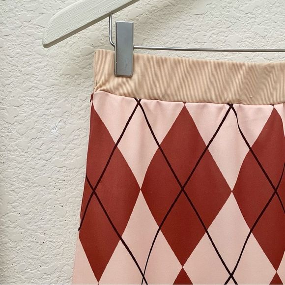 ROMWE, Argyle Print, Stretch Nylon, Pull-on Short Skirt, Brown & Pink, J… - Picture 3 of 7